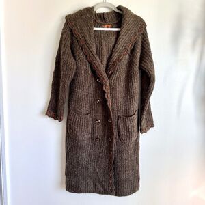 POL Long Length Button Front Chunky Wool Duster Sweater - Green/Brown | Size L